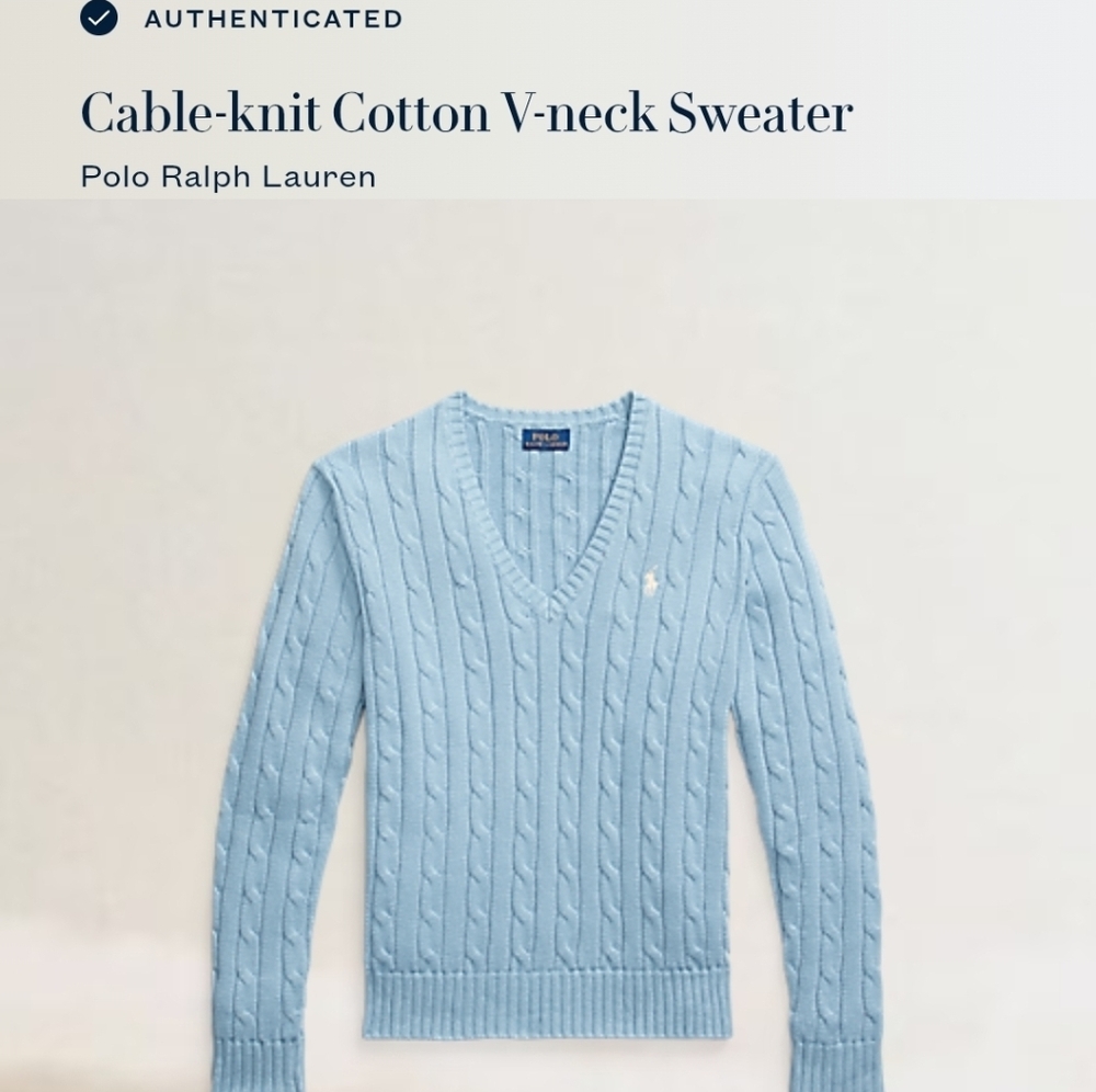 Polo Ralph Lauren Cable-knit Cotton V neck Blue Sweater L - Picture 6 of 6